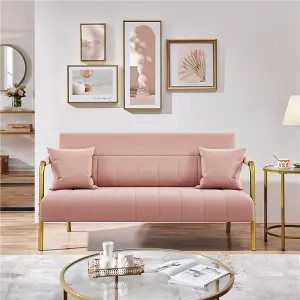 Yaheetech Pink Upholstered Sofa Couch with 2 Pillows and Gold-tone Metal Arms