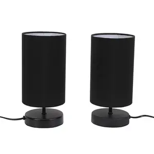 ValueLights Francis Pair - Matt Black Cylinder Touch Dimmer Table Lamp with Black Fabric Shade Bedside Light - LED Bulbs Included