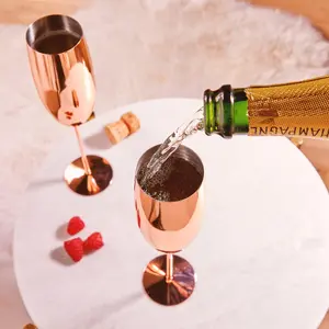 BTFY Rose Gold Champagne Flutes Set, 2 Copper Stainless Steel Prosecco Glasses, 250ml Shatterproof Champagne Tulip Glasses w/ Long