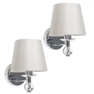 ValueLights Bryantt Pair of Polished Chrome and Crystal Detail Wall Light Fittings with Grey Fabric Shades