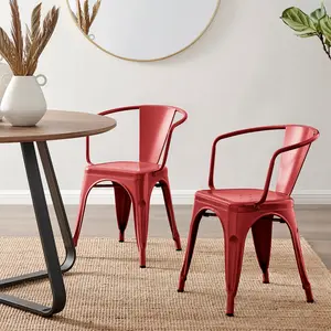 Honora Classic Industrial Metal Dining Chair with Arms - Style Bold Colour Stackable Side Chair (Set of 2) Red