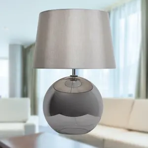 First Choice Lighting Set of 2 Ball Smoked Glass Table Lamps with Grey Fabric Shades