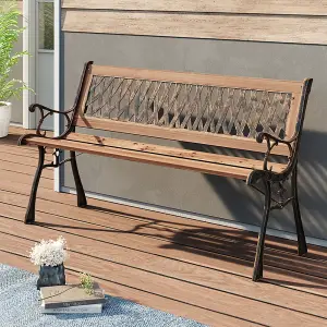 2 Seater Retro Rustproof Metal Wood Garden Patio Bench with Backrest 125cm