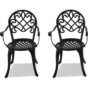 Homeology Prego 2-Large Garden and Patio Bistro Chairs with Armrests in Cast Aluminium Black