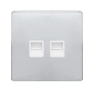 Polished Chrome Screwless Plate Secondary Telephone Twin Socket - White Trim - SE Home