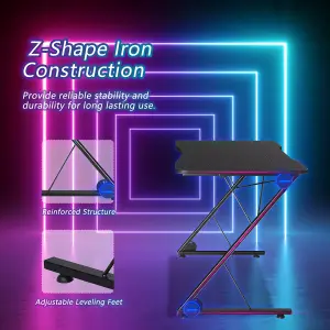 Costway Z-Shaped Computer Desk w/ LED Lights & Large Carbon Fiber Surface Home Office