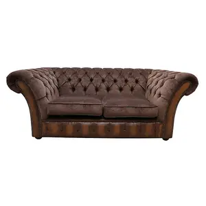 Chesterfield 2 Seater Sofa Antique Tan Leather Pimlico Mocha Fabric In Jepson Style