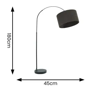 ValueLights Louis Black Arched Curved Floor Lamp with Charcoal Boucle Drum Lamp Shade and LED Bulb