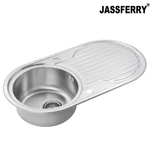 JASSFERRY Inset Round Bowl Kitchen Sink Stainless Steel Single Circle Drainboard Reversible Drainer