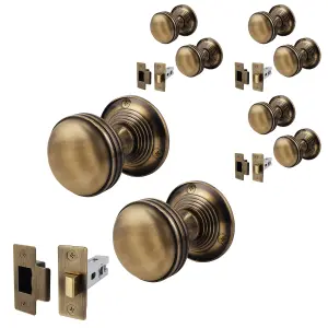 AFIT Lined Door Knob Set Antique Brass - 4 Pairs of Mortice Knobs (55mm) & Latch (76mm) for Internal Doors