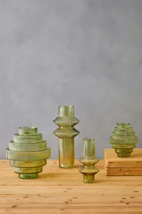 Interiors by Premier Tiered Small Green Glass Vase, Eye Catching Layered Modern Vase, Ribbed Glass Vase, Decorative Vase