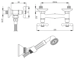 Invena Traditional Cross Head Shower Mixer Wall Mounted Kit Chrome Plated Brass