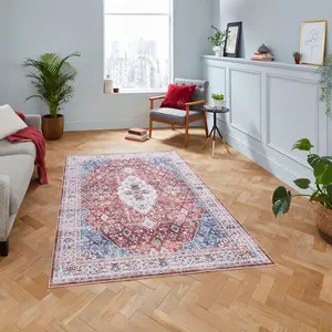 Red Traditional Bordered Geometric Rug Easy to clean Living Room and Bedroom-120cm X 170cm