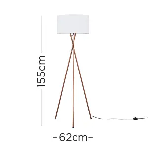 ValueLights Camden Modern Copper Metal Tripod Floor Lamp with White Cylinder Shade - Includes 6w LED Bulb 3000K Warm White