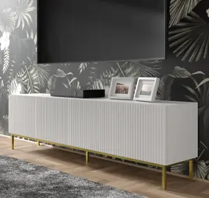 Ravenna B TV Stand in White with Gold Legs - Milled Foil Finish MDF - Sleek Metal Framed Design - D420mm x H560mm x 2000mm