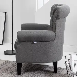 Grey Linen Upholstered Buttoned Back Nailhead Armchair Sofa Chair