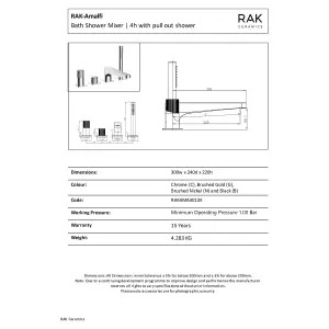 RAK Amalfi 4-Hole Bath Shower Mixer Tap and Shower Handset- Chrome