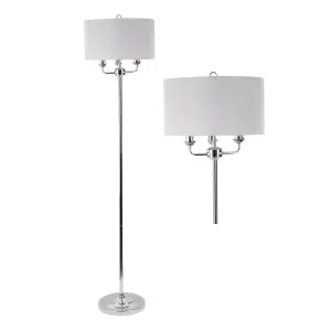 First Choice Lighting 3 Light Chrome Floor Standard Light with Grey Fabric Shade