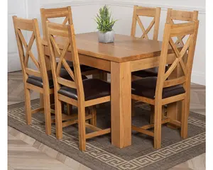 Dakota 127 x 82 cm Chunky Oak Small Dining Table and 6 Chairs Dining Set with Berkeley Brown Leather Chairs