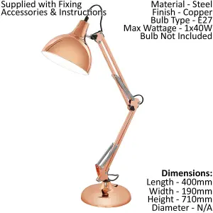 2 PACK Table Desk Lamp Colour Copper Adjustable In Line Switch Bulb E27 1x40W