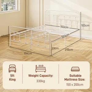 HOMCOM 5ft Metal King Platform Bed Frame w/ Underbed Storage Headboard White