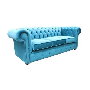 Chesterfield Original 3 Seater Sofa Amalfi Peacock Blue Velvet Fabric In Classic Style