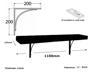 Solid Wood Handmade Rustical Shelf Primed 225mm 9 inch with Black Metal Bracket BOW Length of 110cm