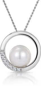 Pearl And Diamond Circle Stellato Necklace In 9K White Gold