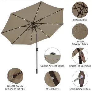 Costway 3M Garden Parasol 24 Solar Power LED Lights Patio Umbrella with Tilt and Crank Handle Coffee