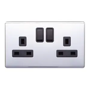 Polished Chrome Screwless Plate 13A 2 Gang Switched Plug Socket, Double Pole - Black Trim - SE Home