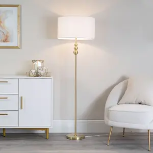 ValueLights Marissa Gold Stacked Ball Floor Lamp with White Drum Shade - LED Bulb Included