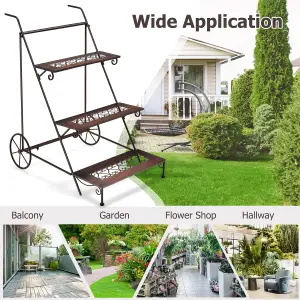 Costway 3-Tier Metal Plant Stand Ladder Shaped Flower Pot Holder w/ Wheels