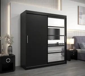 Sleek Black Roma I Sliding Door Wardrobe W1800mm H2000mm D620mm Mirrored Vertical Handles Contemporary Storage Solution