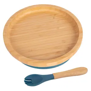 Bamboo Round Baby Weaning Plate & Fork Set - Navy Blue