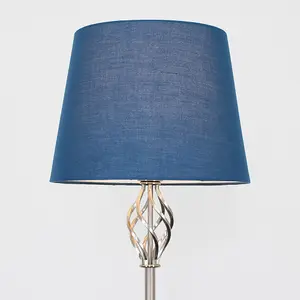 ValueLights Memphis Traditional Silver Satin Barley Twist Floor Lamp with Navy Blue Shade