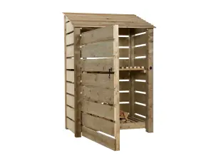 Slatted wooden log store with door and kindling shelf W-119cm, H-180cm, D-88cm - natural (light green) finish