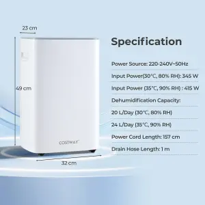 COSTWAY Dehumidifier 24 L Energy Efficient Dehumidifier w/ Auto Drain & 24H Timer