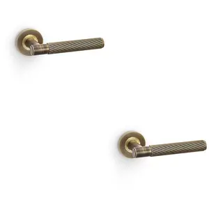 2 PACK - SOLID BRASS Reeded Door Handle Set - Antique Brass Straight Lever on Round Rose