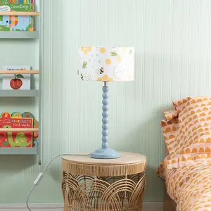 Powder Blue Bobbin Stem Table Lamp with Bumble Bee Drum Shade for Living Room Bedroom - LED Bulb Included