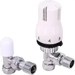 Rinse Bathrooms Thermostatic Radiator Valve 15mm x 1/2" Angled White Chrome Rad TRV + Lockshield