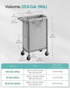 SONGMICS Laundry Trolley with Wheels, Single-Section Hamper, Easy Liner Removal, Dove Grey