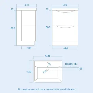 Nes Home Merton 500mm White Basin Vanity Unit 2 Drawer Storage Cabinet Gloss