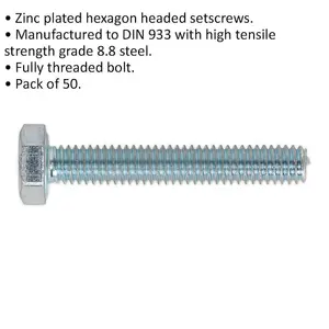 50 Pack M4 x 25mm Zinc Setscrews - Grade 8.8 Fully Threaded DIN 933