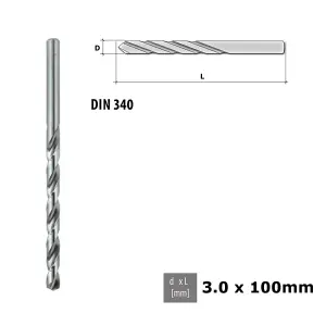 Quality Drill Bit For Metal - Fully Ground Polished HSS DIN 340 Silver - Diameter 3.0mm - Length 100mm