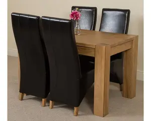 Kuba 125 x 80 cm Chunky Oak Small Dining Table and 4 Chairs Dining Set with Lola Black Leather Chairs