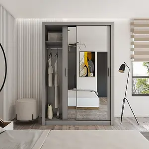 Modern Sliding Door Wardrobe with Mirror & Organiser Shelves in Grey (H2150mm x W1500mm x D600mm)