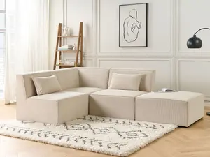 Right Hand 3 Seater Modular Jumbo Cord Corner Sofa with Ottoman Beige LEMVIG