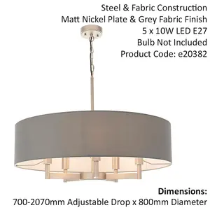 Matt Nickel Multi Arm Ceiling Pendant Light & Grey Shade 5 Bulb Hanging Fitting