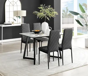 Carson 4 Seater White Marble Effect Rectangular Scratch Resistant Dining Table with 4 Black Milan Faux Leather Black Leg Chairs