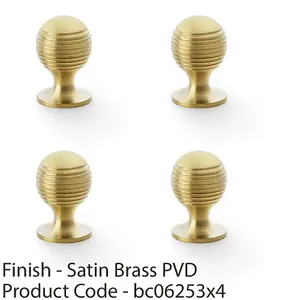 4 PACK - Reeded Ball Door Knob - 25mm Diameter Satin Brass Lined Cupboard Pull Handle